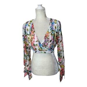 NWT! Luxxel Colorful Wrap Chiffon Top Long Cold Shoulder Sleeves Blouse Small